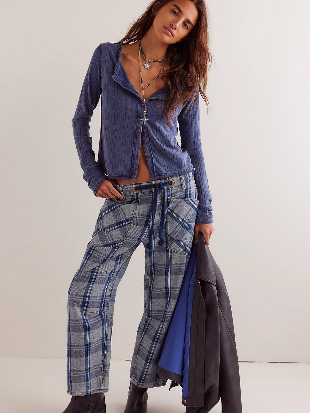 New We The Free Moxie Plaid Pull-On Barrel Jeans